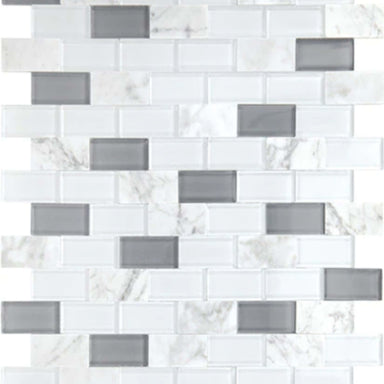 Perfit Mosaix in White Carrara & Glass Brick Joint 1x2 Tile
