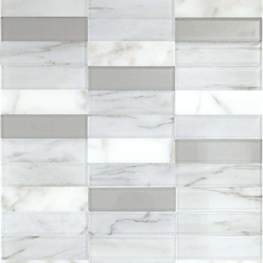 Perfit Mosaix in White Carrara & Glass Straight Stack